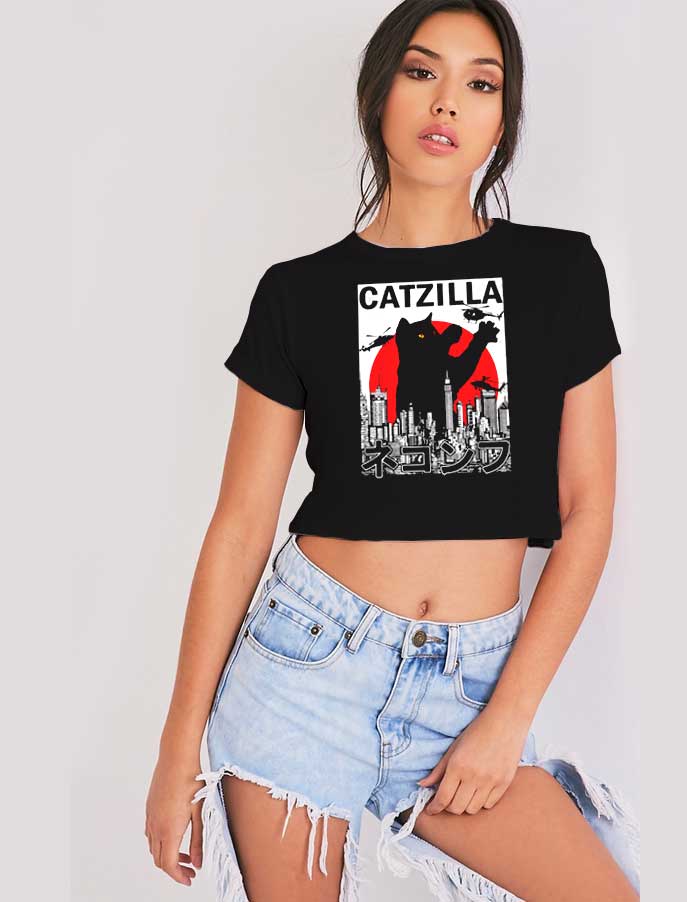Black Catzilla Japanese Flag Sunset Poster Crop Top Shirt