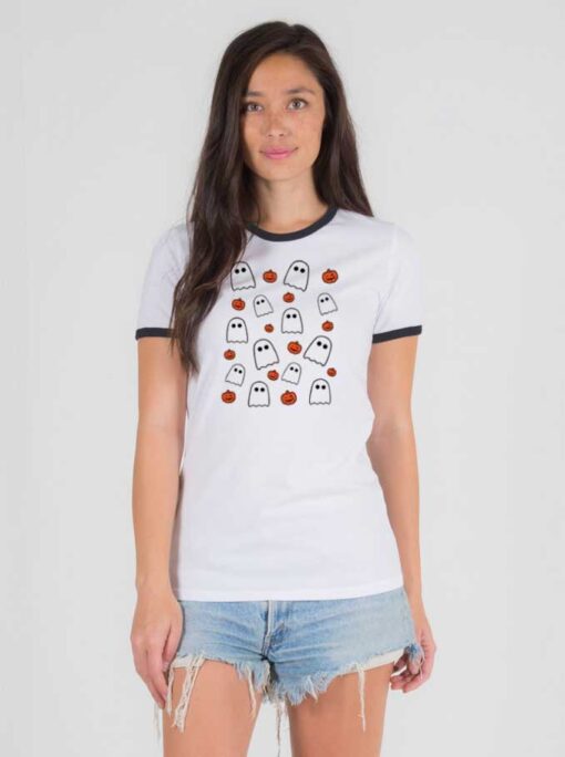 Halloween Ghosts And Pumpkins Grid Ringer Tee