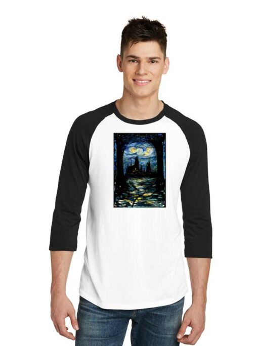 Starry Night Stars Over Hogwarts School Raglan Tee