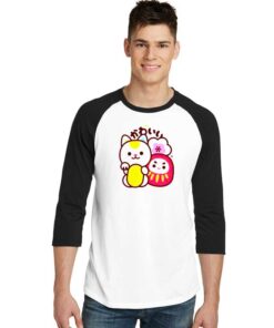 Japanese Maneki Neko Daruma Kawaii Raglan Tee