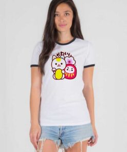 Japanese Maneki Neko Daruma Kawaii Ringer Tee