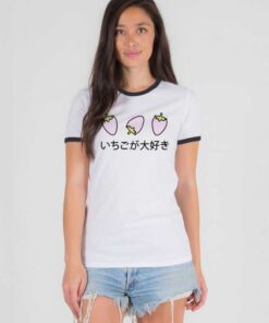 Strawberries Japanese Kawaii Logo Ringer Tee