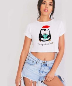 Merry Christmas Penguin Gift Box Crop Top Shirt
