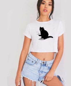Black Cat Catching a Bird Crop Top Shirt