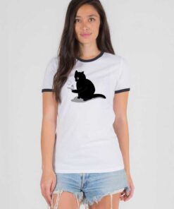 Black Cat Catching a Bird Ringer Tee