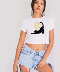 Black Cat With Moon Under The Moon Crop Top Shirt