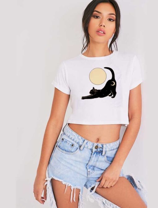 Black Cat With Moon Under The Moon Crop Top Shirt
